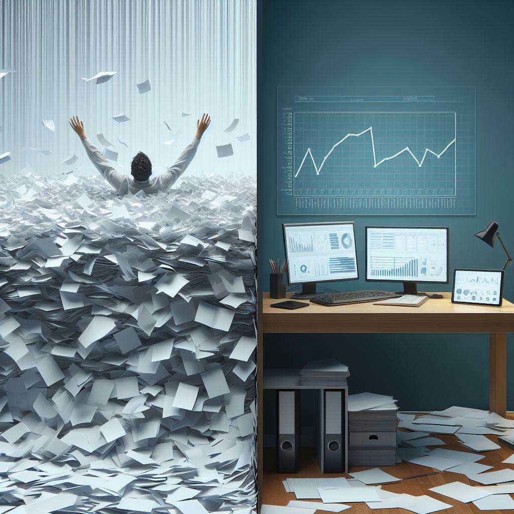 A person drowning in paperwork then finds relief on an island of digital devices showing clear Vitlous dashboards.